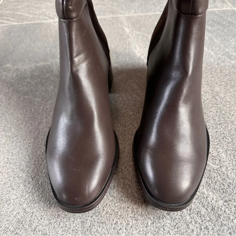 NWOB Calvin Klein Jotty Over The Knee Dress Boots Round Toe Brown Faux Leather 7